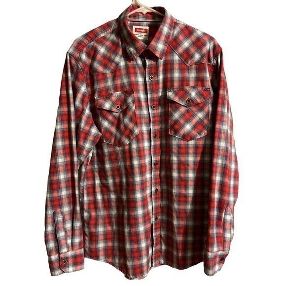 Wrangler Mens Shirt Large Red Plaid Long Sleeve‎ Button Down Cotton Blend - Picture 1 of 4